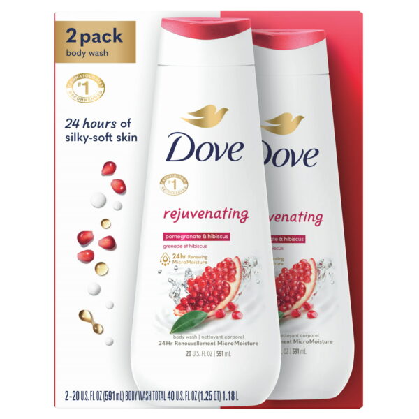 Dove Rejuvenating Body Wash – 4x 20oz, Mit Granatapfel & Hibiskus, 24h Feuchtigkeit, Dermatologisch Empfohlen