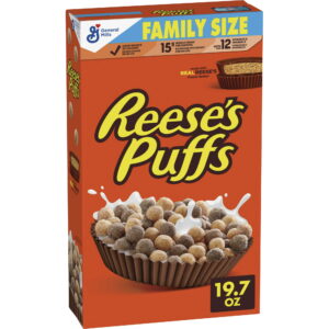 REESES PUFFS Chocolatey Peanut Butter Cereal, Kid Breakfast Cereal, Family Size, 19.7 oz